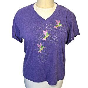 Ruffles - Tee Shirt Women's XL Purple Hummingbird Beaded Short Cuffed Sleeves